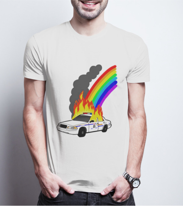 Police Car On Fire With Rainbow Flames T-Shirt