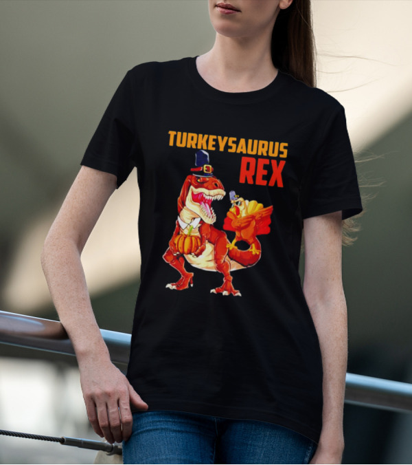 Turkeysaurus Rex Thanksgiving Dinosaur Holding Pumpkin And Turkey With Pilgrim Hat T-Shirt