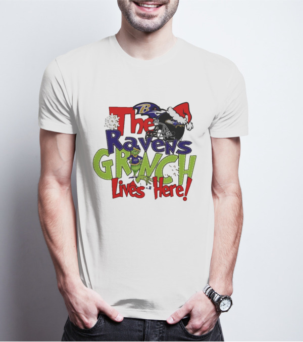 The Ravens Grinch Lives Here Christmas Ravens Logo Santa Hat T-Shirt