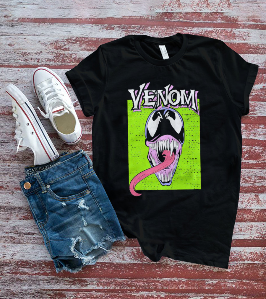 Venom Marvel Neon Pink Tongue Green Background T-Shirt