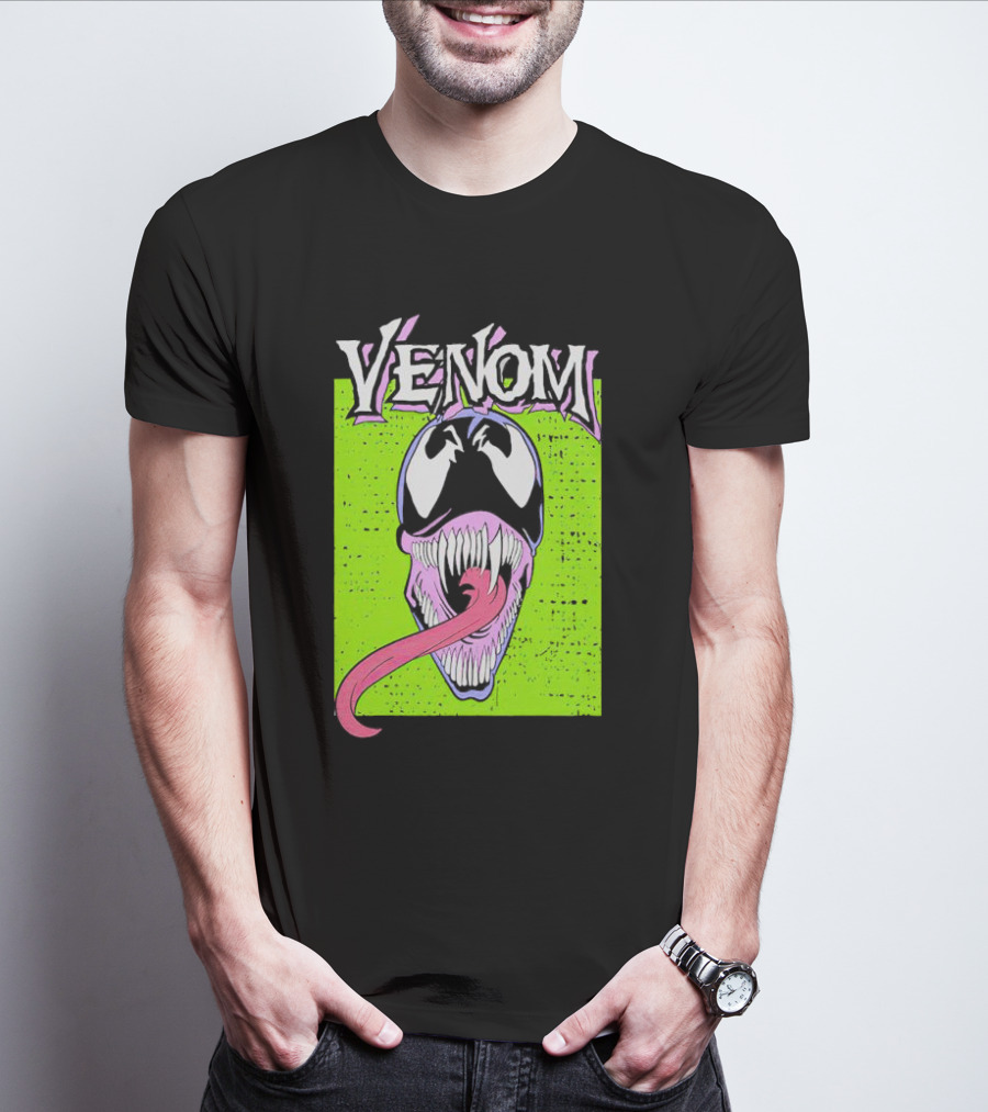 Venom Marvel Neon Pink Tongue Green Background T-Shirt