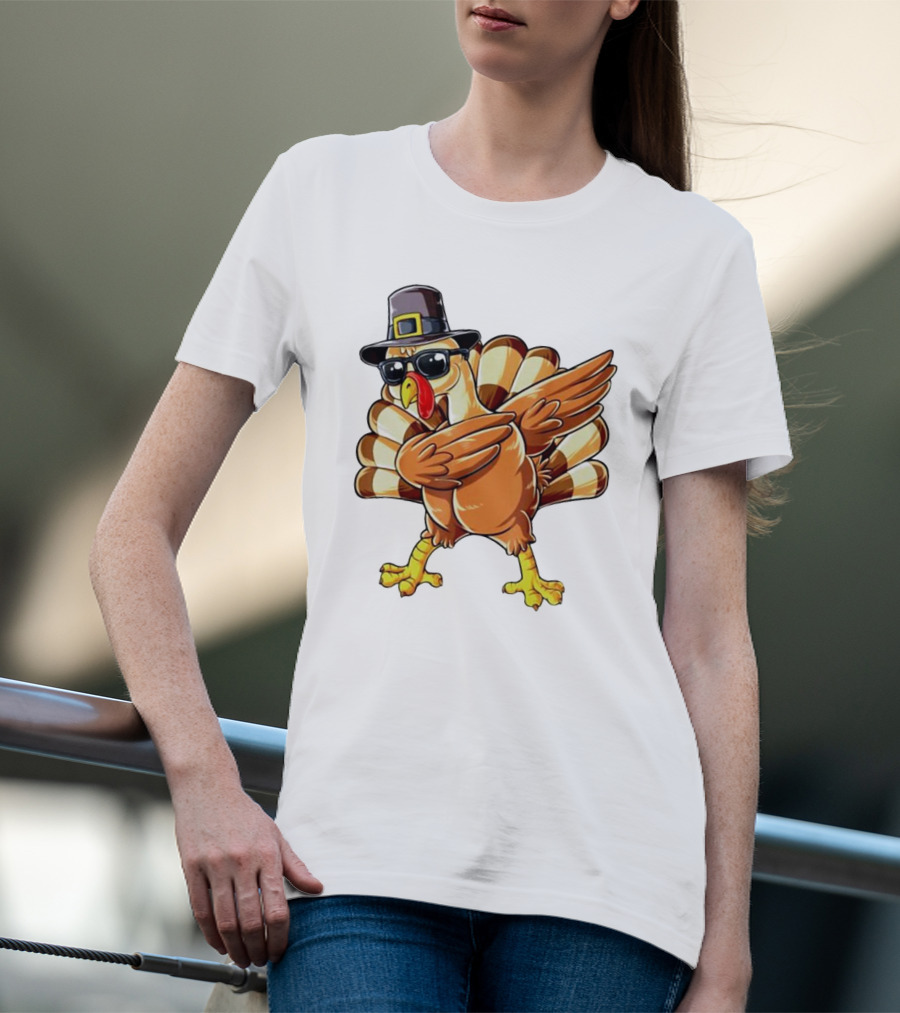 Thanksgiving Turkey Dabbing With Pilgrim Hat And Sunglasses T-Shirt