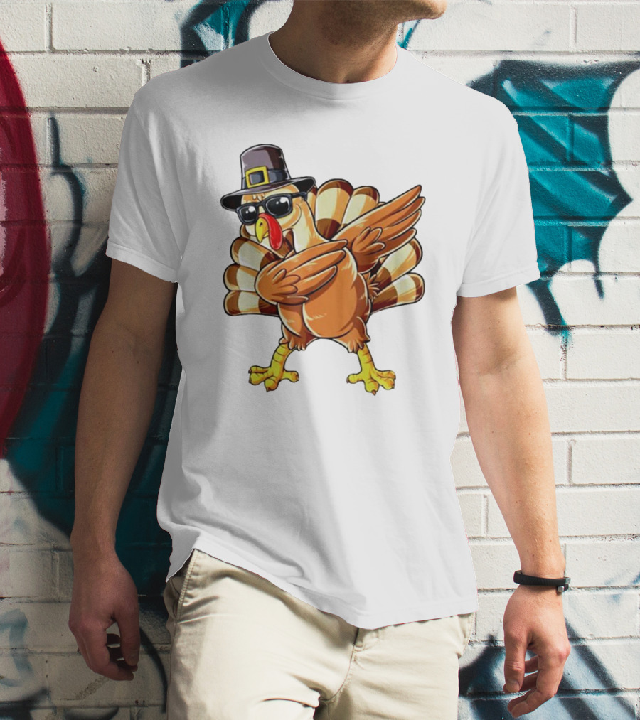 Thanksgiving Turkey Dabbing With Pilgrim Hat And Sunglasses T-Shirt