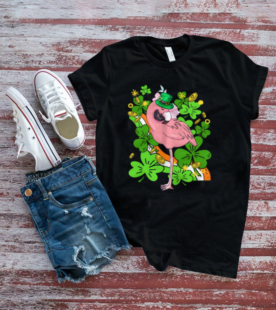 Flamingo St Patricks Day Pink Bird Shamrocks And Leprechaun Hat With Gold Coins T-Shirt