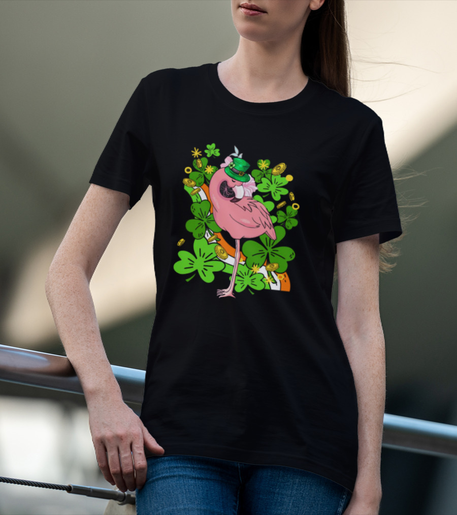Flamingo St Patricks Day Pink Bird Shamrocks And Leprechaun Hat With Gold Coins T-Shirt