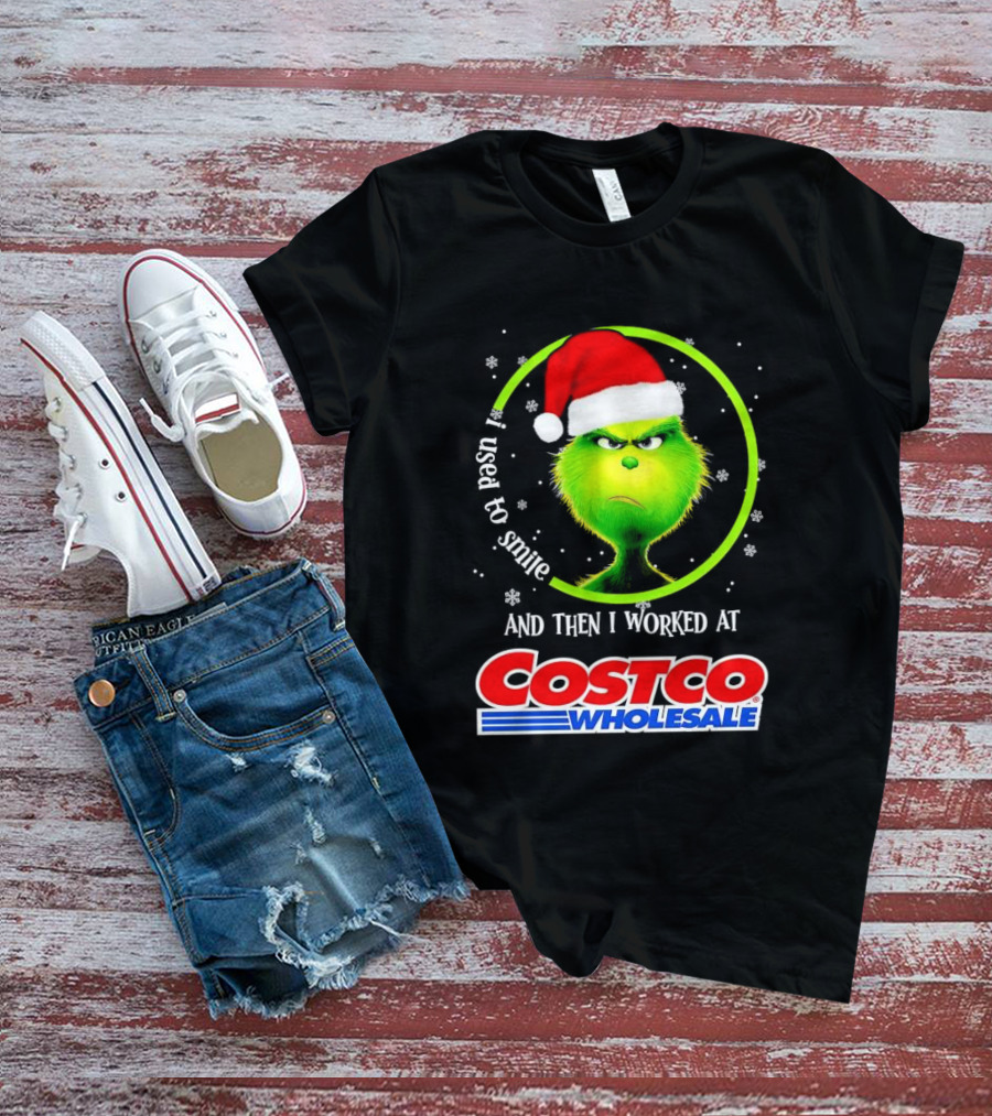 Grinch I Used To Smile And Then I Worked At Costco Wholesale Santa Hat Snowflakes T-Shirt