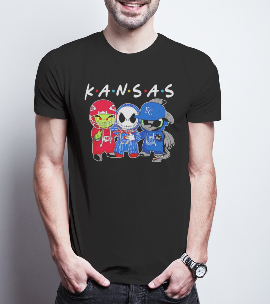 KANSAS Sports Characters Grinch Jack Skellington Toothless Chiefs Royals Jayhawks T-Shirt