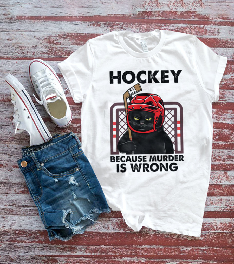 Hockey Cat In Red Helmet Because Murder Is Wrong T-Shirt