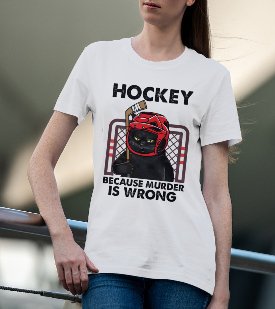 Hockey Cat In Red Helmet Because Murder Is Wrong T-Shirt