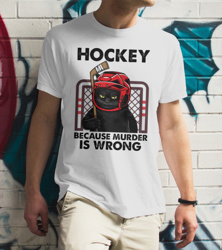 Hockey Cat In Red Helmet Because Murder Is Wrong T-Shirt