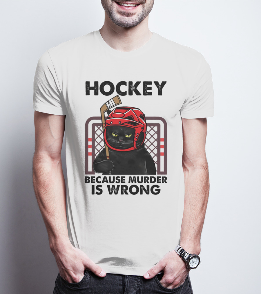 Hockey Cat In Red Helmet Because Murder Is Wrong T-Shirt