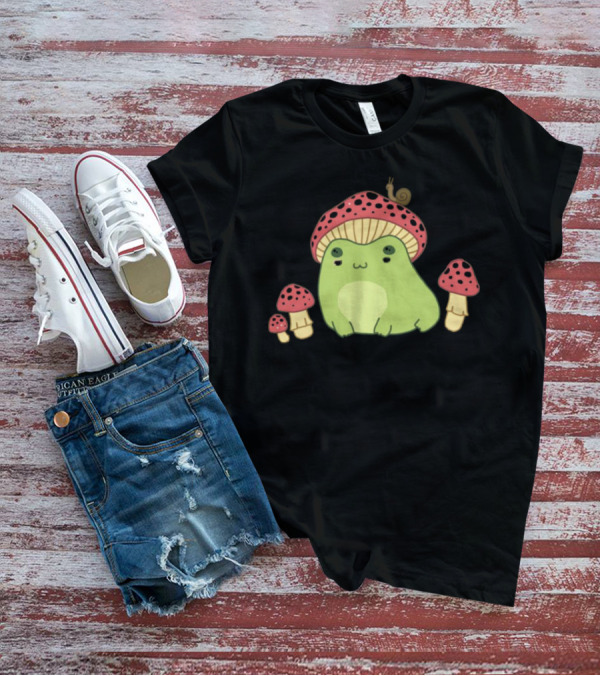 Kawaii Frog Wearing Mushroom Hat With Snail And Red Mushrooms T-Shirt