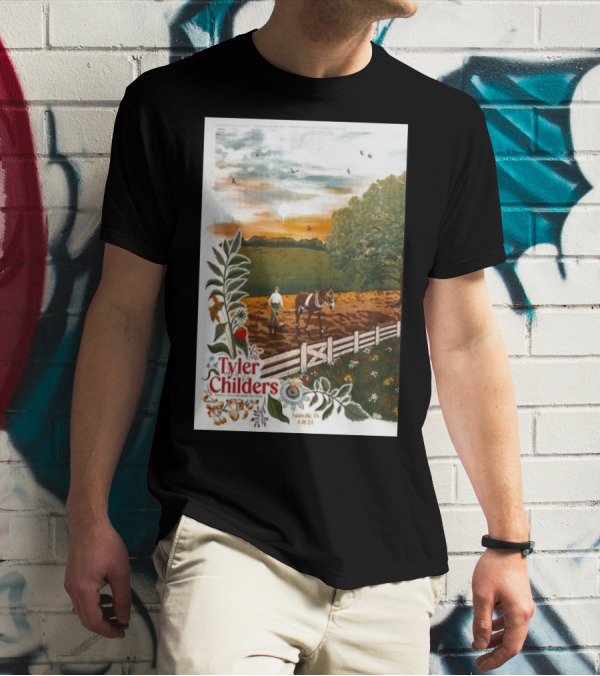 Tyler Childers Nashville TN 4 18 23 Horse Farm Scene With Flowers T-Shirt