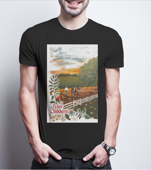 Tyler Childers Nashville TN 4 18 23 Horse Farm Scene With Flowers T-Shirt