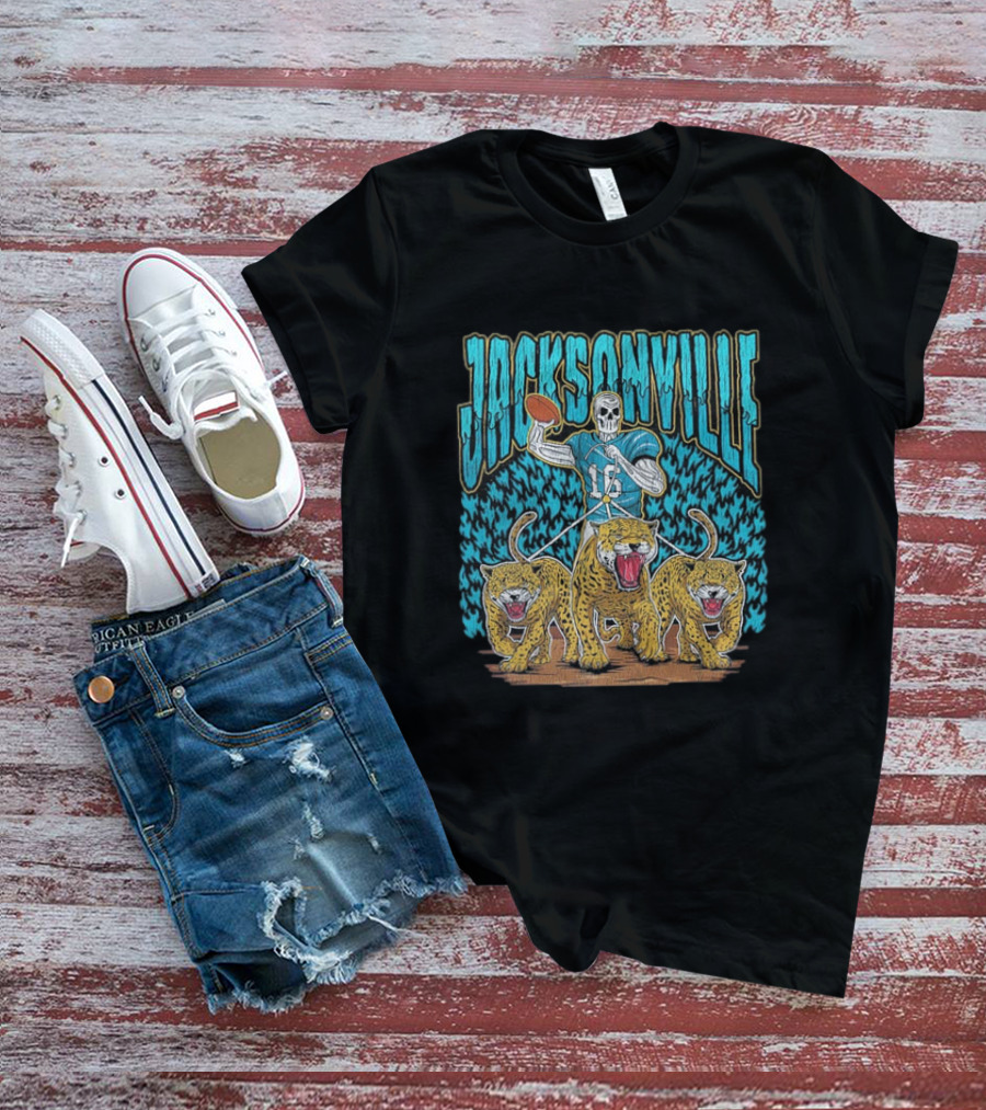 Jacksonville Jaguars Skeleton With Football And Three Jaguars Vintage T-Shirt