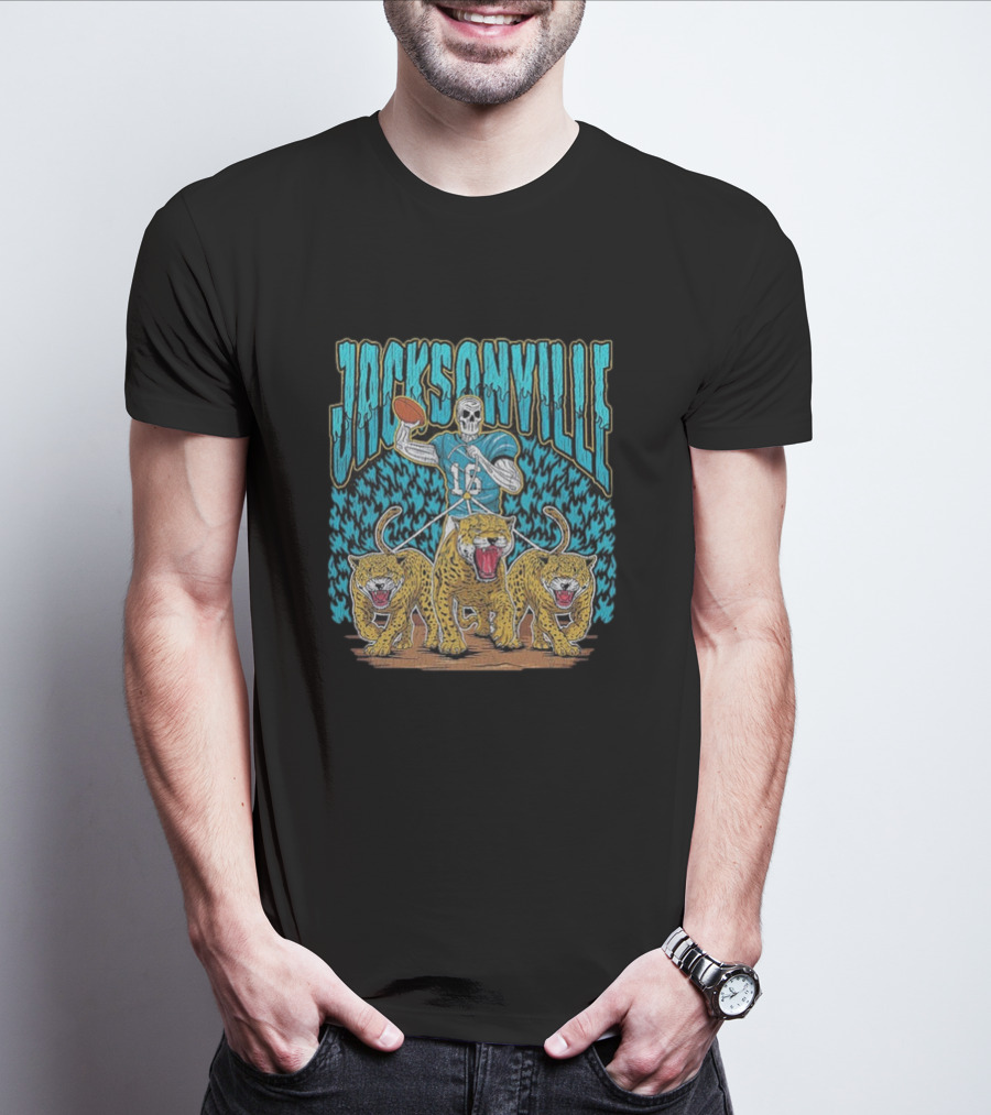 Jacksonville Jaguars Skeleton With Football And Three Jaguars Vintage T-Shirt