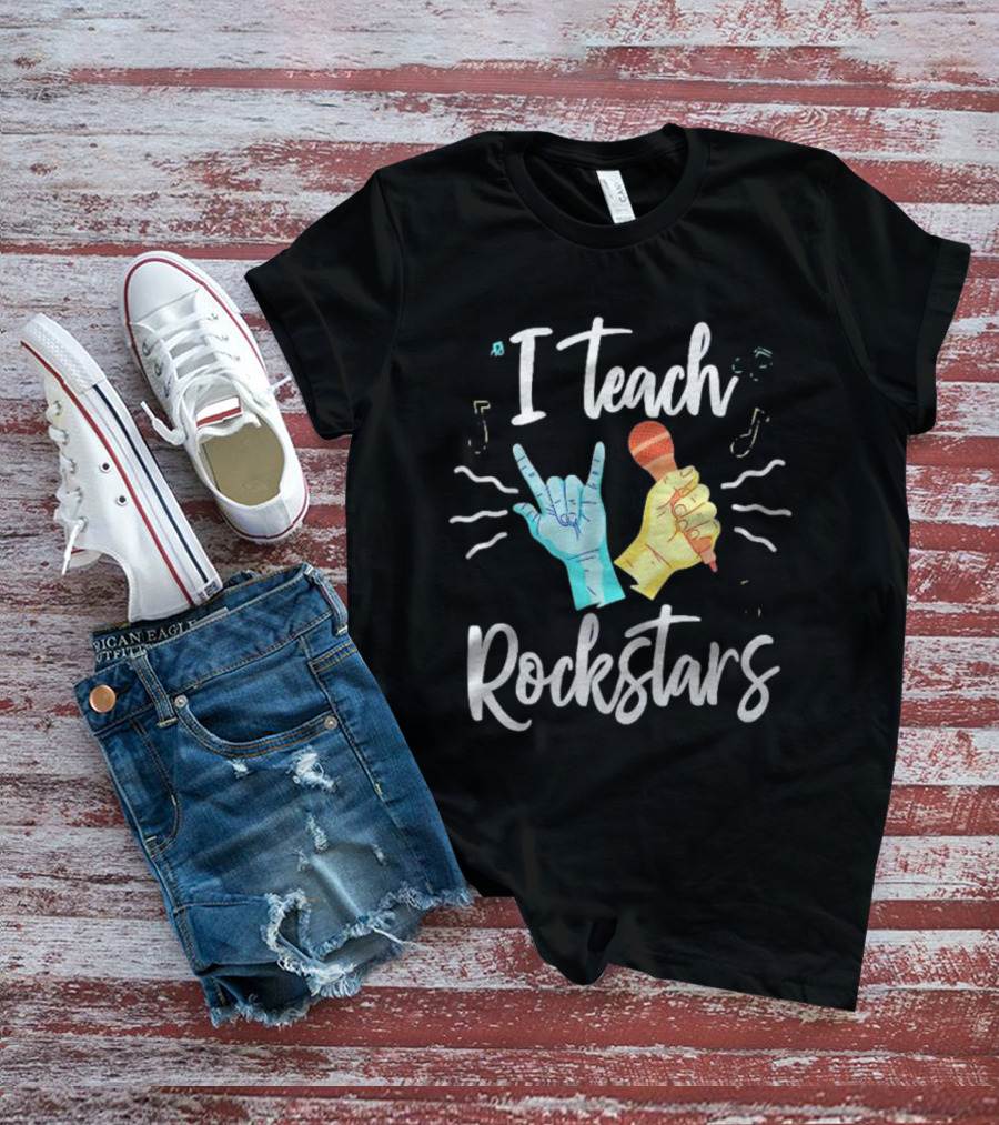 I Teach Rock Stars Music Teacher With Microphone And Rock Hand Gesture T-Shirt