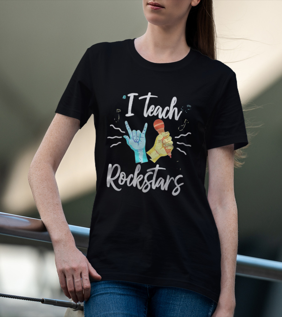 I Teach Rock Stars Music Teacher With Microphone And Rock Hand Gesture T-Shirt