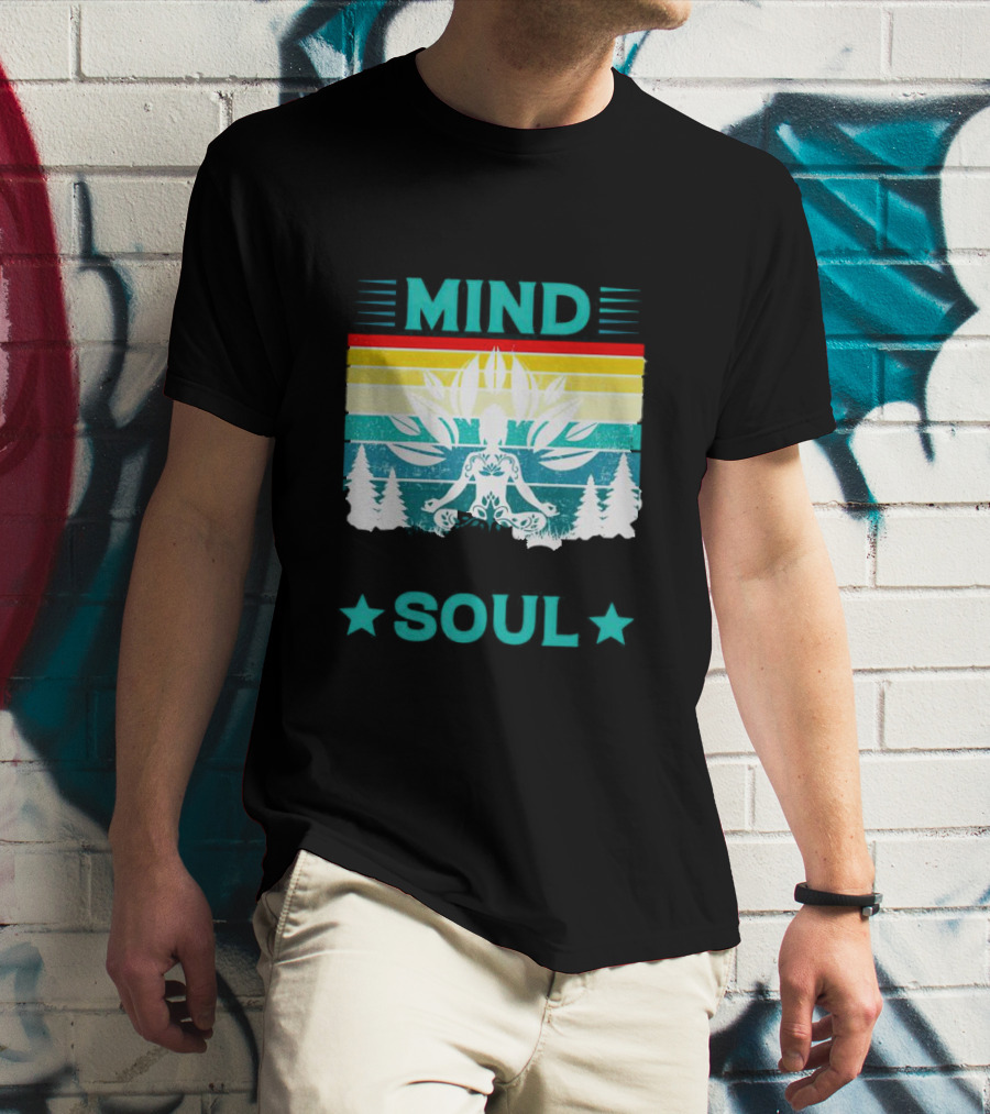 LOSE YOUR MIND FIND YOUR SOUL Yoga Meditation Retro Vintage Rainbow Pine Trees T-Shirt