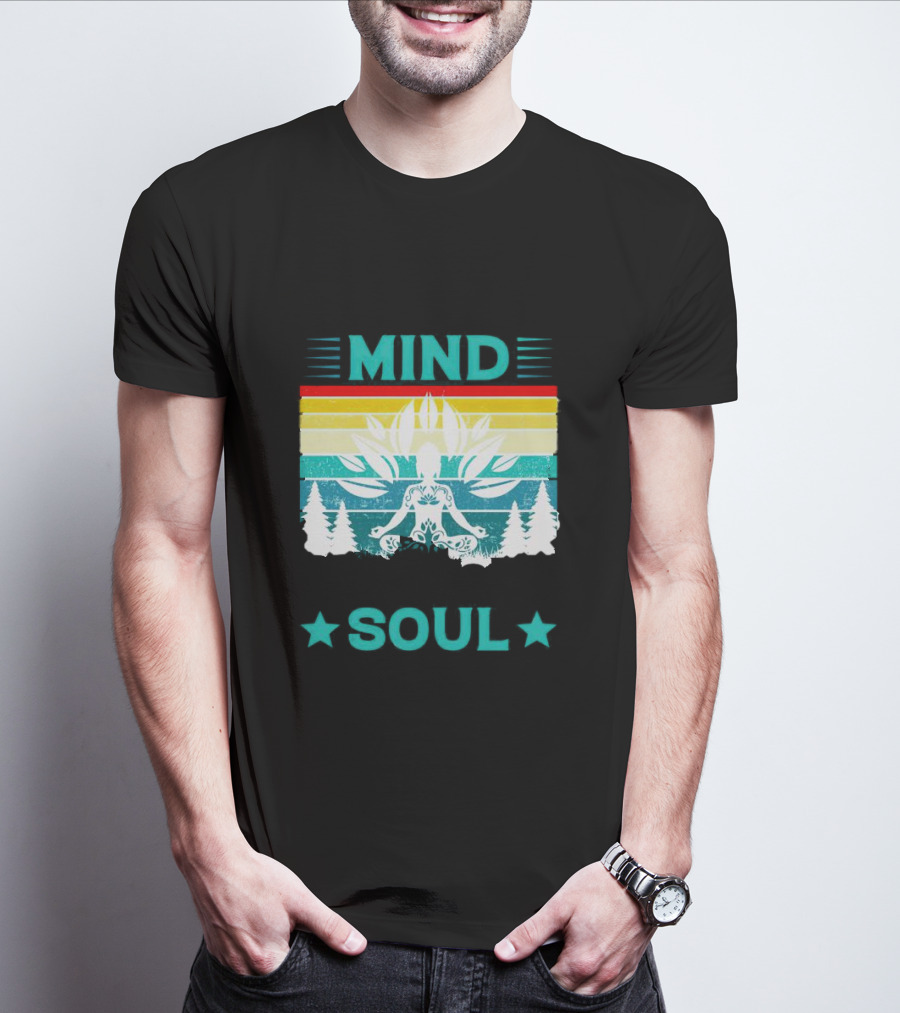 LOSE YOUR MIND FIND YOUR SOUL Yoga Meditation Retro Vintage Rainbow Pine Trees T-Shirt