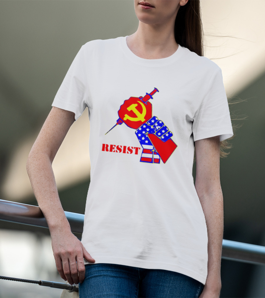 RESIST Communist Hammer And Sickle American Flag Fist Syringe T-Shirt