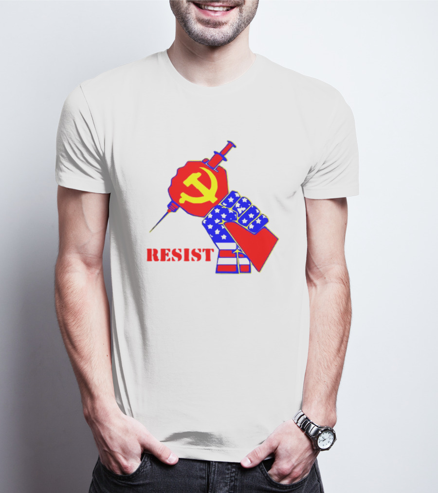 RESIST Communist Hammer And Sickle American Flag Fist Syringe T-Shirt