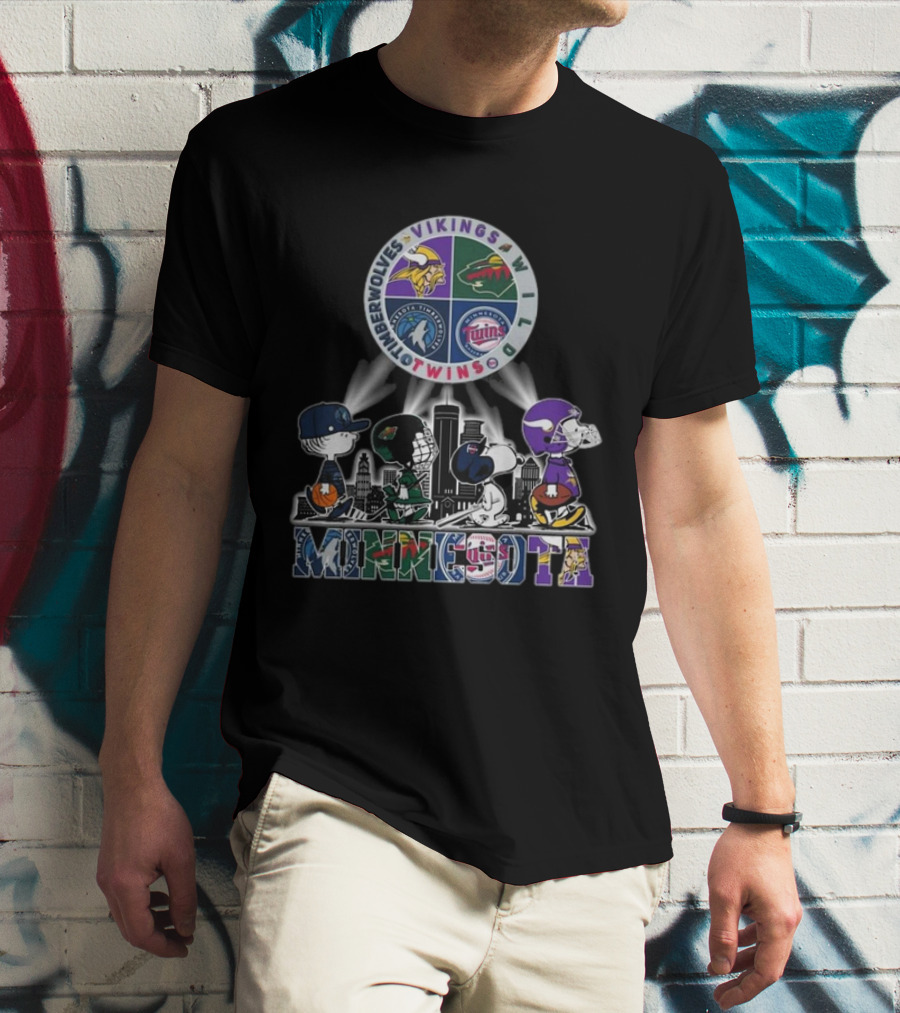 Snoopy Minnesota Twins Vikings Wild Timberwolves Peanuts Sports Logos Skyline T-Shirt
