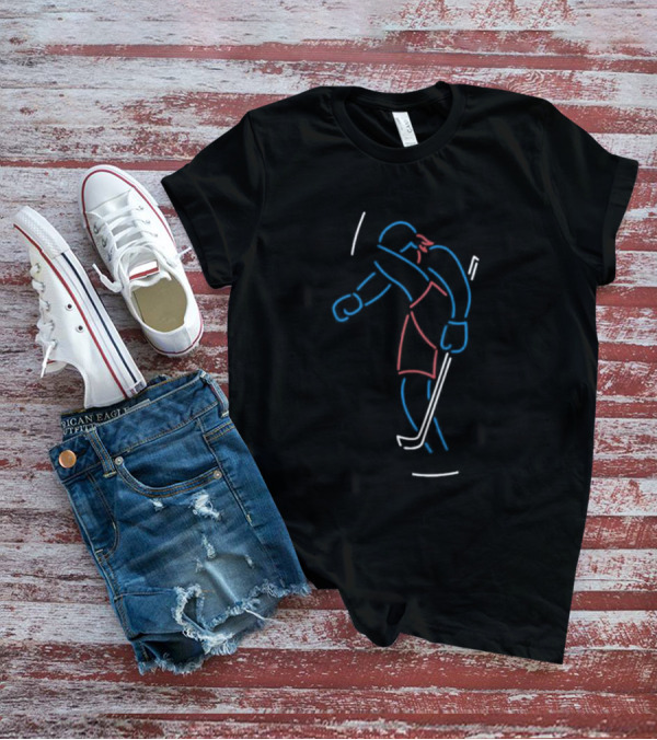 Neon Hockey Player With Stick In Blue And Red Lines T-Shirt