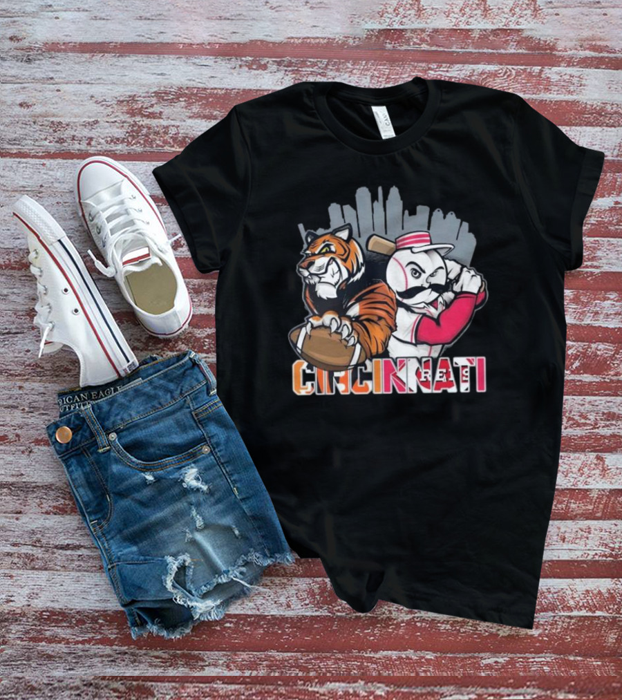 Cincinnati Bengals Tiger With Football And Mr. Redlegs Baseball Skyline T-Shirt
