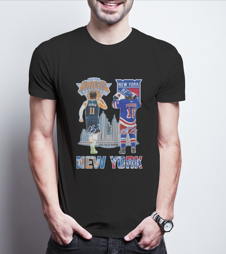 New York Knicks Brunson Rangers Panarin New York City Skyline Signatures T-Shirt