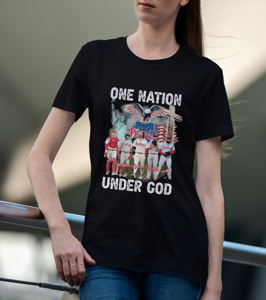 Philadelphia Phillies One Nation Under God Flag Statue Cross Signatures T-Shirt