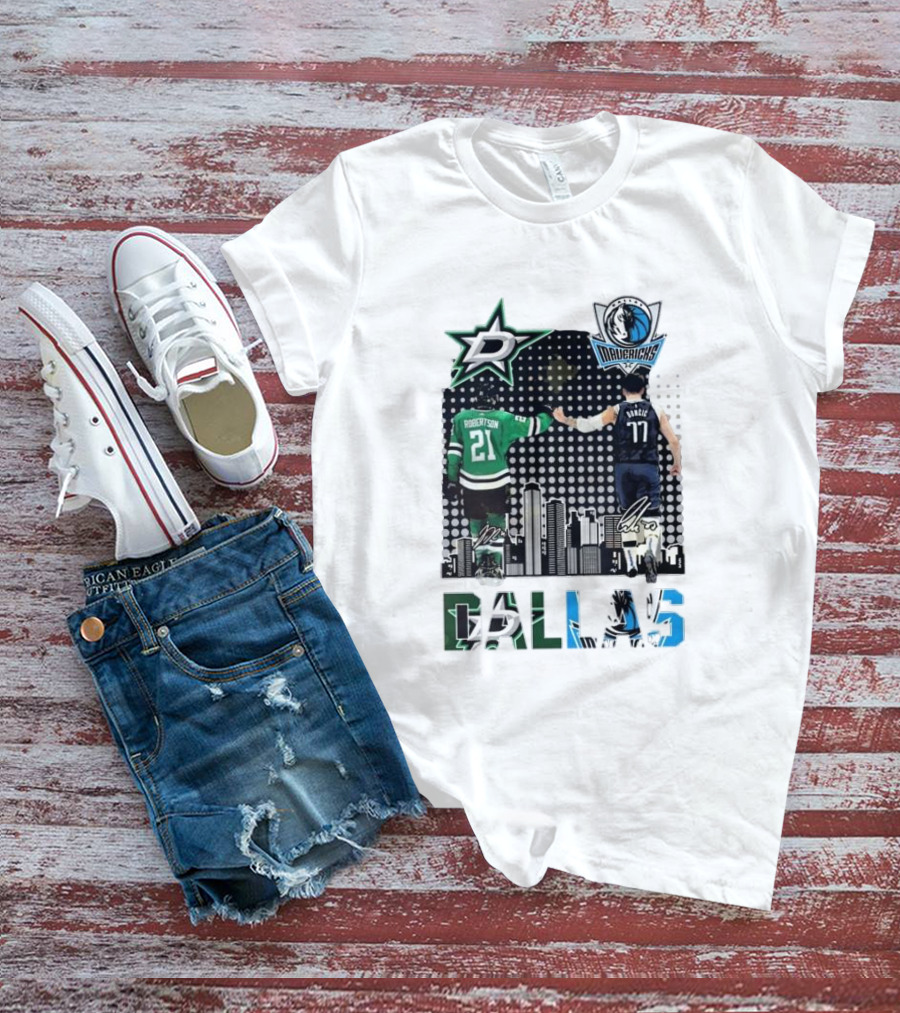 Dallas Stars Mavericks Robertson Doncic Skyline Signatures T-Shirt