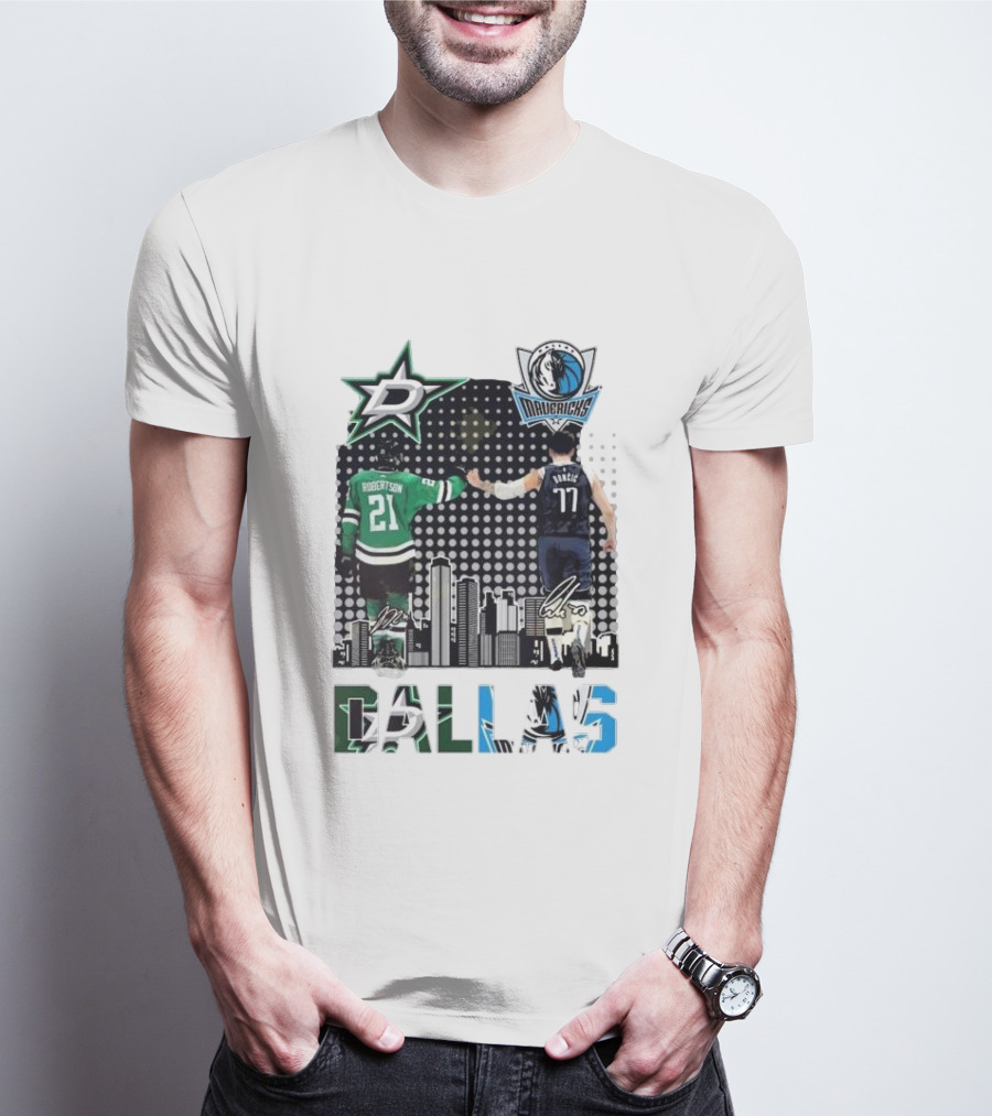 Dallas Stars Mavericks Robertson Doncic Skyline Signatures T-Shirt