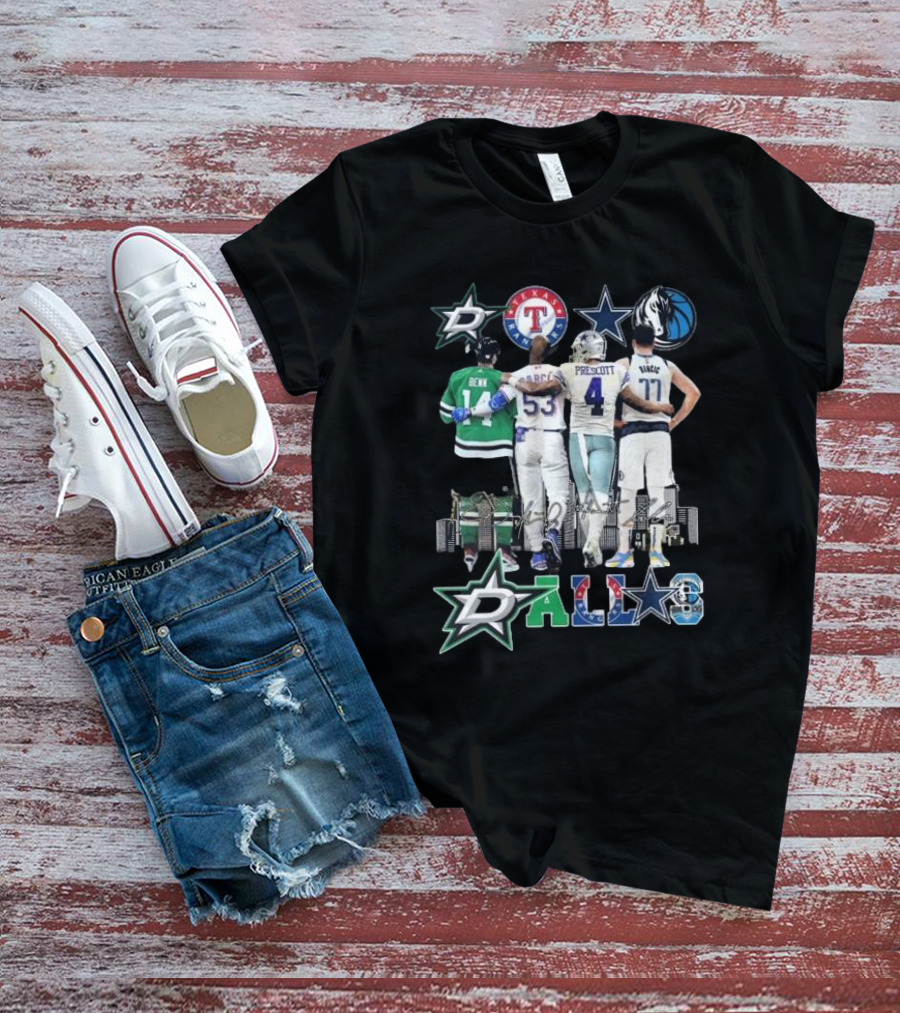 Dallas Stars Texas Rangers Cowboys Mavericks Benn Prescott Ware Doncic Signatures T-Shirt