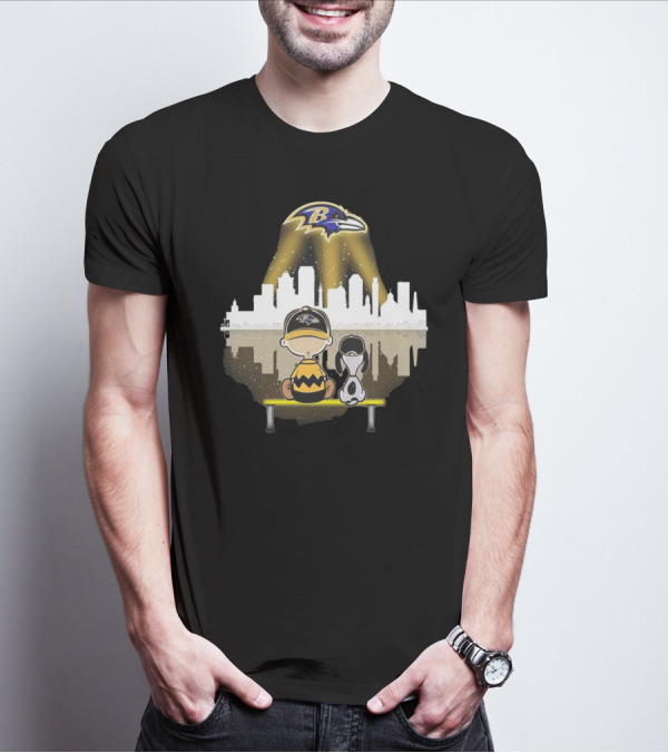 Charlie Brown Snoopy Baltimore Ravens City Skyline T-Shirt