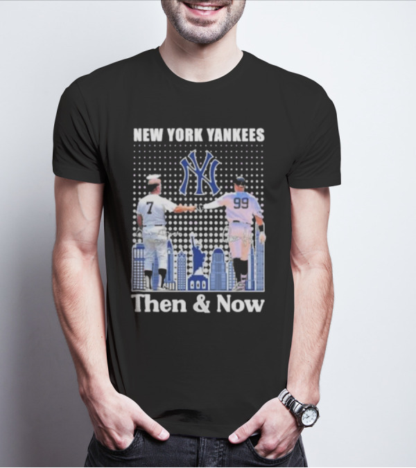 New York Yankees Then And Now Mickey Mantle 7 Aaron Judge 99 Signatures T-Shirt
