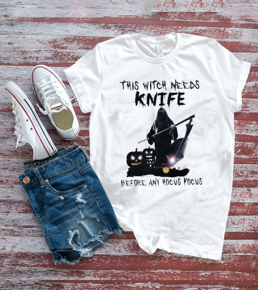 This Witch Needs Knife Before Any Hocus Pocus Halloween Pumpkins Dark Scene T-Shirt