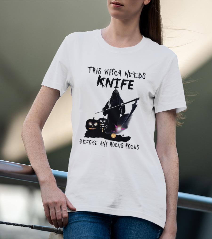 This Witch Needs Knife Before Any Hocus Pocus Halloween Pumpkins Dark Scene T-Shirt