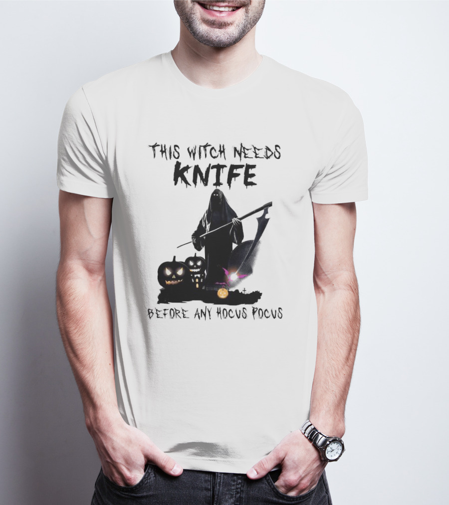 This Witch Needs Knife Before Any Hocus Pocus Halloween Pumpkins Dark Scene T-Shirt