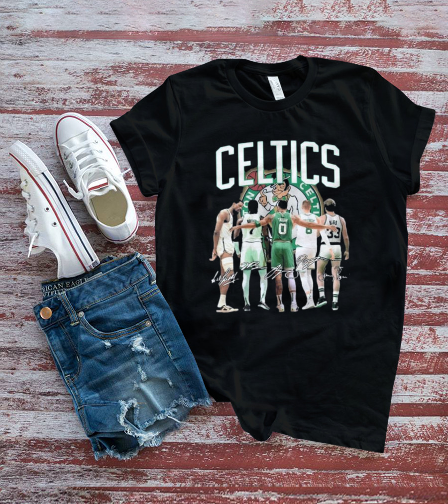 Celtics Jaylen Brown Jayson Tatum K. Porziņģis Larry Bird Signatures NBA Basketball Legends T-Shirt