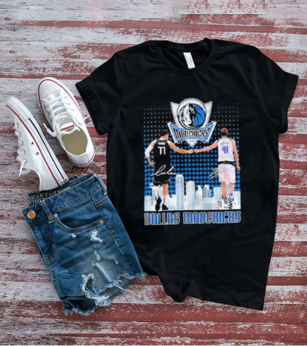 Dallas Mavericks Luka Doncic Dirk Nowitzki Handshake Signatures Skyline T-Shirt