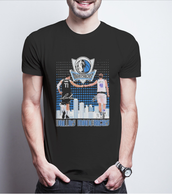 Dallas Mavericks Luka Doncic Dirk Nowitzki Handshake Signatures Skyline T-Shirt