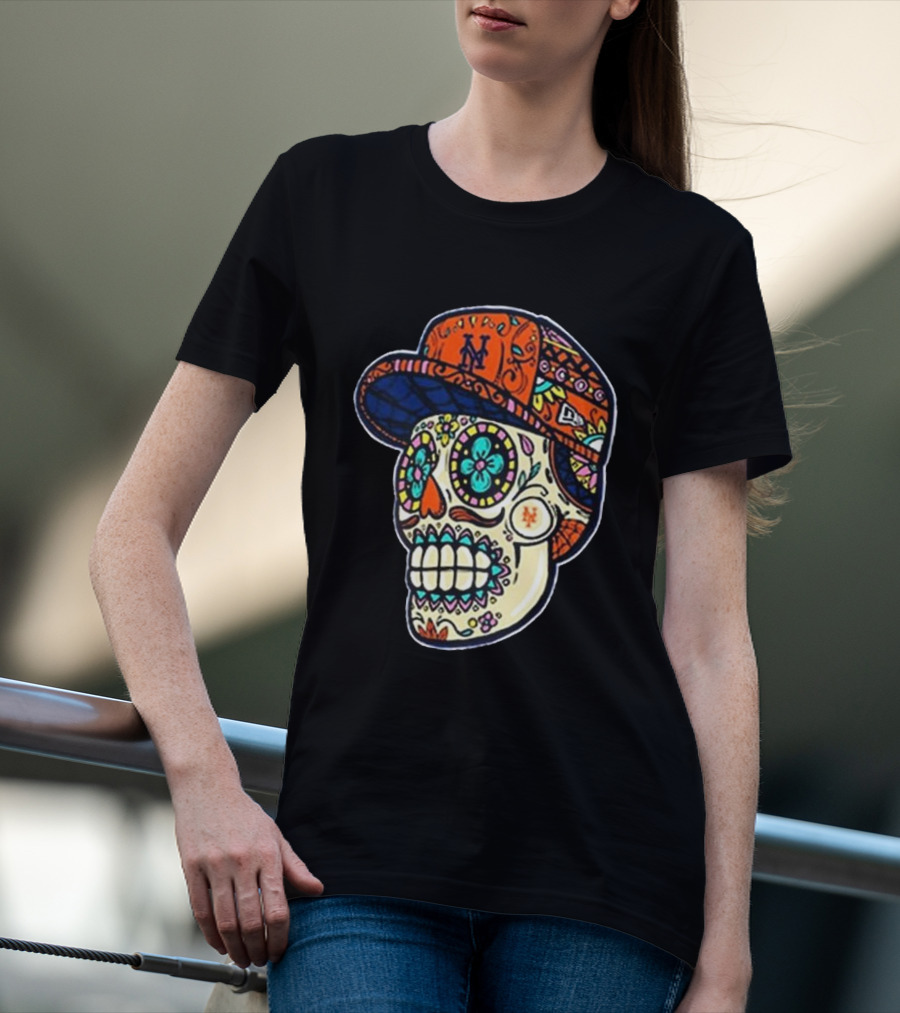 New York Mets New Era Black Sugar Skull Cap T-Shirt