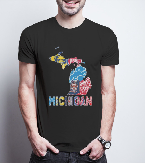 Michigan Lions Wolverines Tigers Pistons Red Wings Map T-Shirt