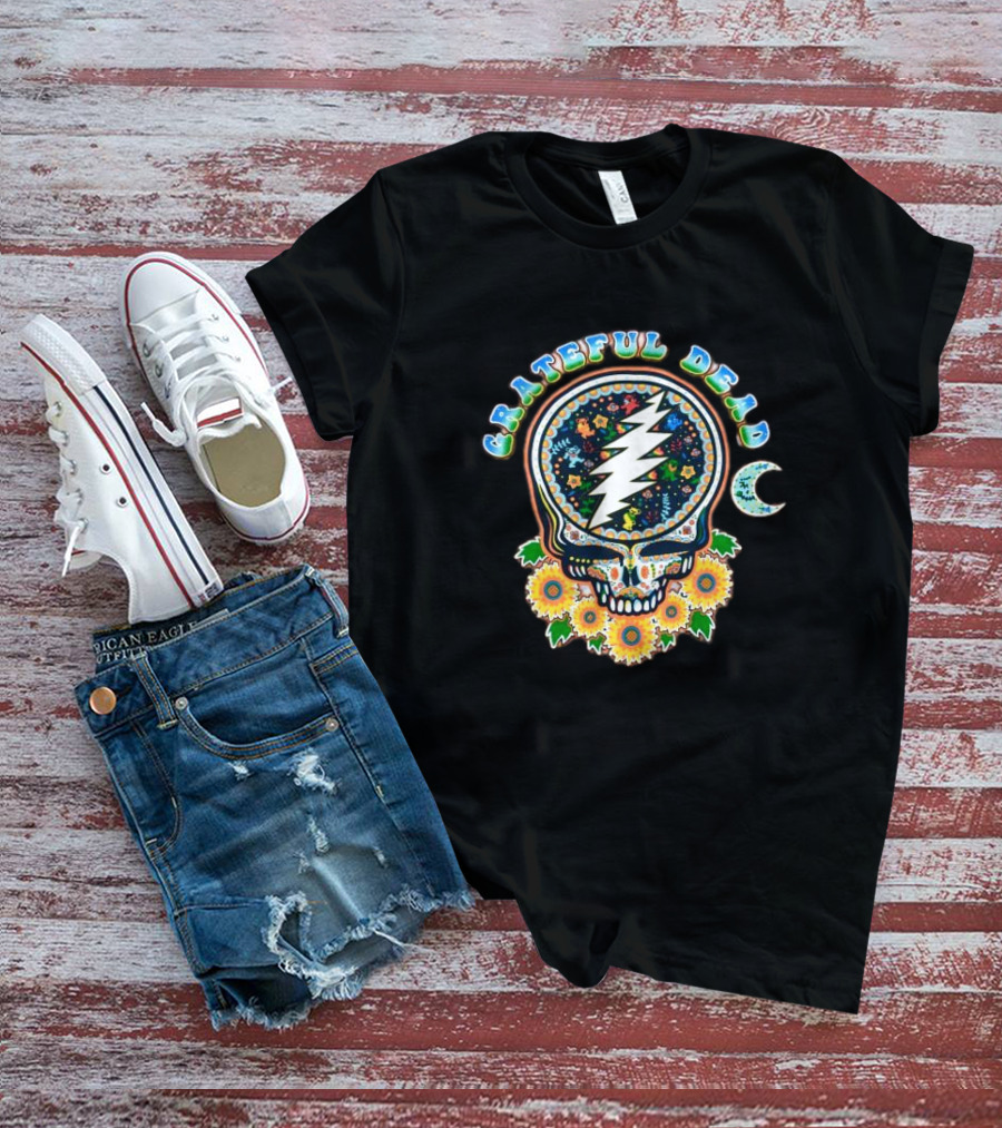 Grateful Dead Steal Your Face Sugar Skull Floral Moon T-Shirt