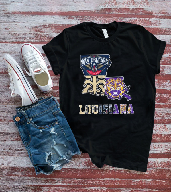 New Orleans Pelicans Tigers Saints Louisiana Map T-Shirt