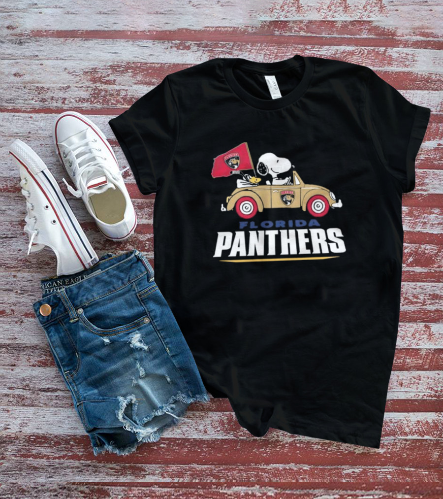 Florida Panthers Snoopy Driving Car With Hockey Flag T-Shirt