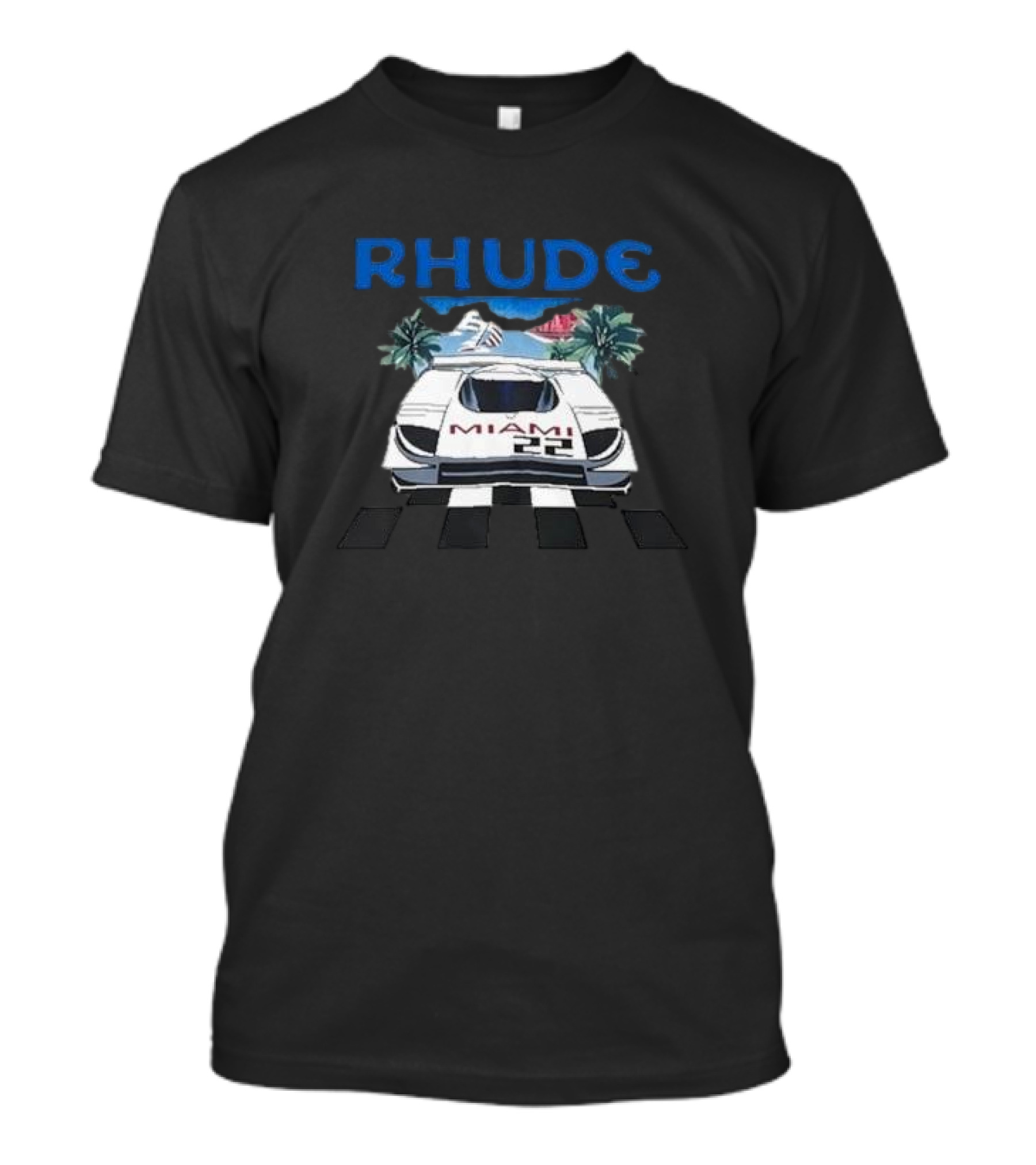 RHUDE Miami 22 Car Palm Trees Checkered Flags T-Shirt