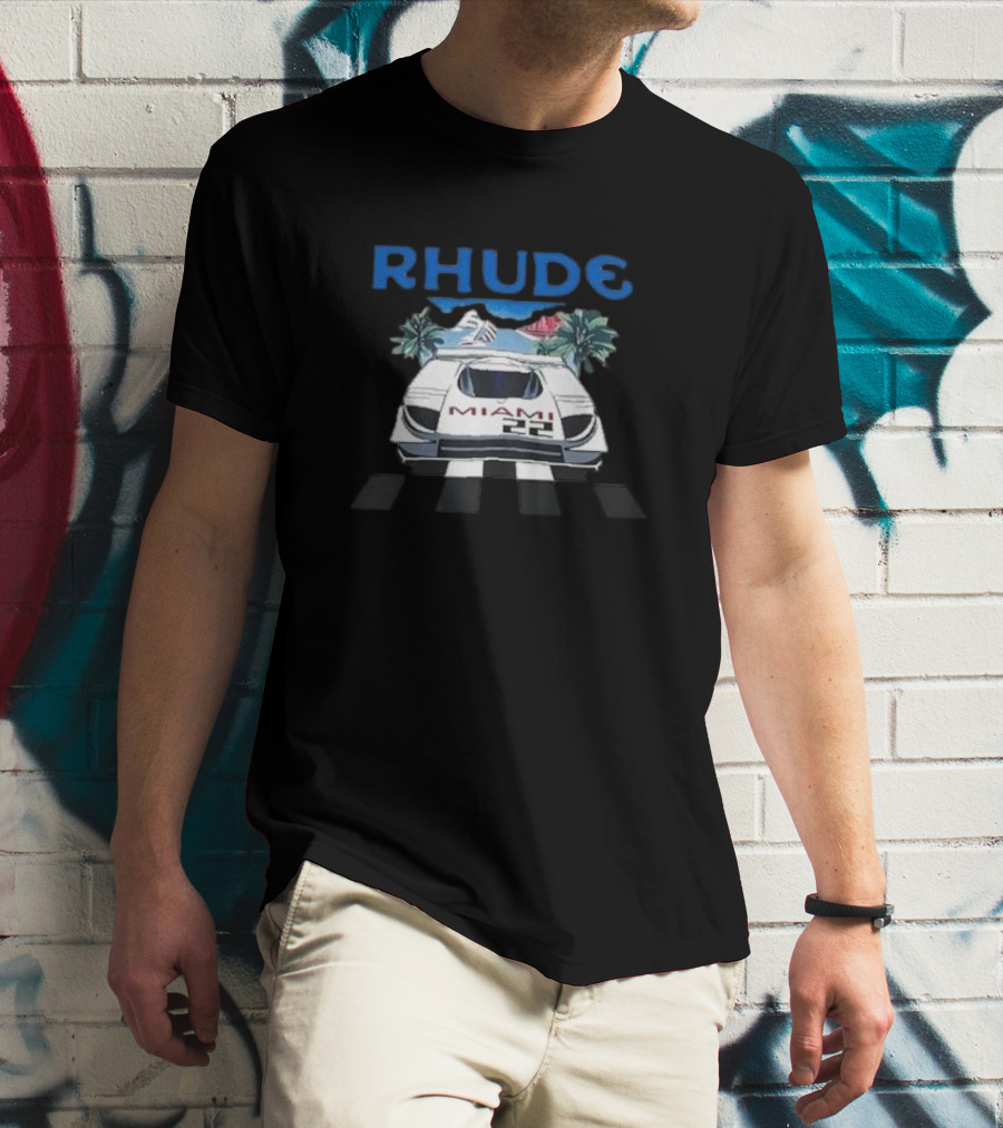 RHUDE Miami 22 Car Palm Trees Checkered Flags T-Shirt