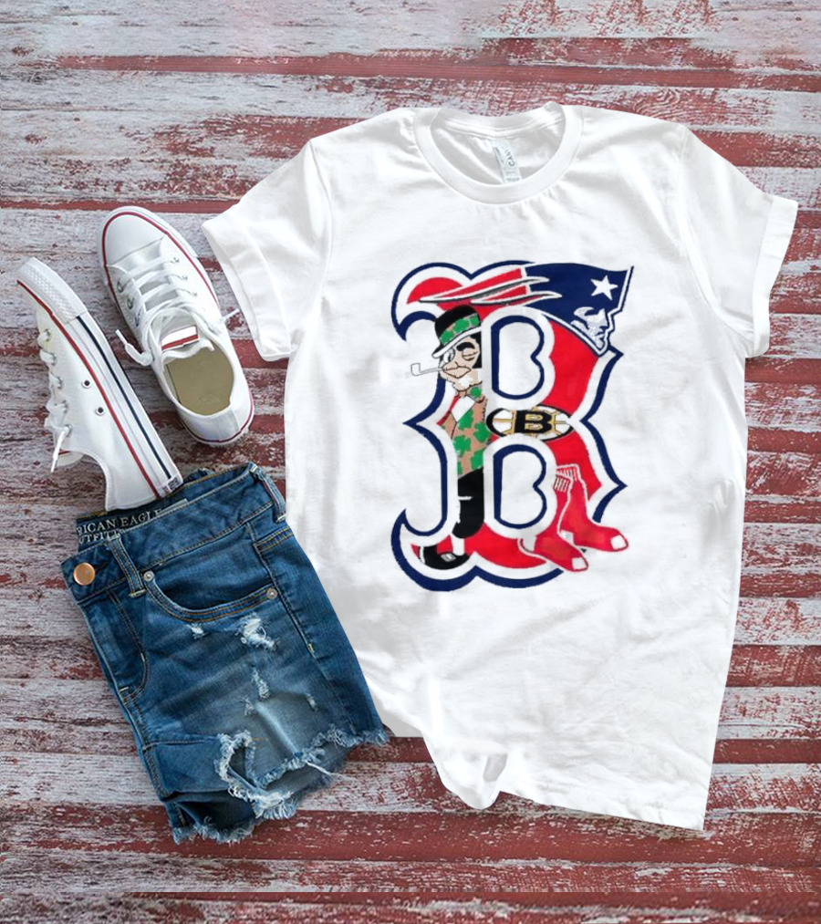 Boston Red Sox B Mashup With Patriots Bruins Celtics Symbols T-Shirt